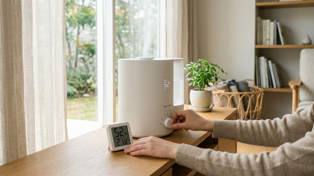 湿度計を確認しながら加湿器の運転モードを調整する人の手元のシーン